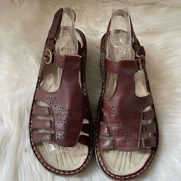 PW minor leather brown wedge adjustable Velcro strap sandals size 9 - Picture 3 of 10
